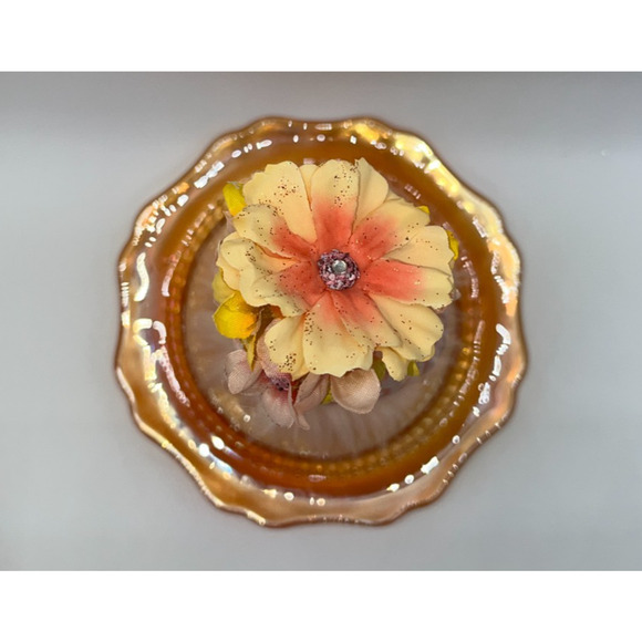 Vintage Mini Ceramic Chick Flower Hat Faux Fur Orange Carnival Glass Plate OOAK - Picture 2 of 16